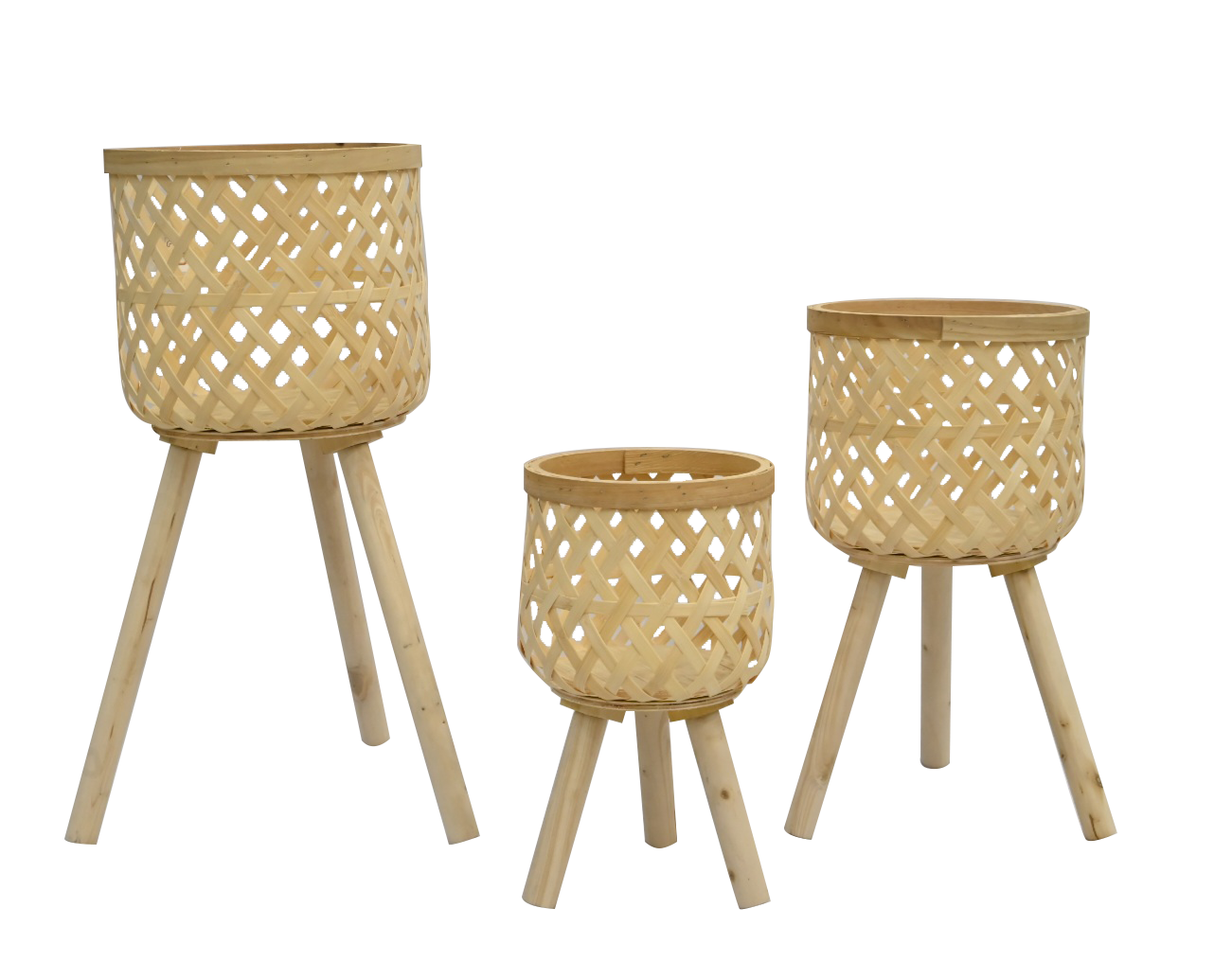 Woven Bamboo Floor Baskets with Wood Legs (3 Pcs Set)