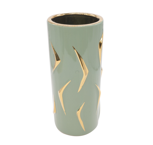 Matte green and gold floral vase (Medium)