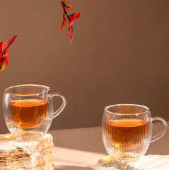 Double Wall Glass Tea Cup with Line Shape