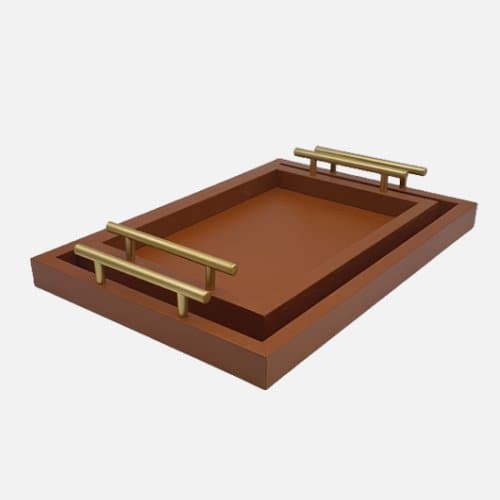Pair of Elegant PU Leather Brown Serving Tray with Golden Handles