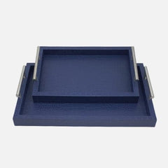 Pair of Elegant PU Leather Blue Serving Tray with Silver Handles
