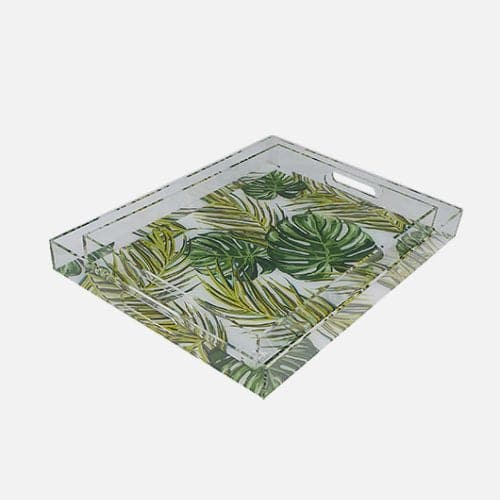 Green Leaf Painting Serving Tray With Handles