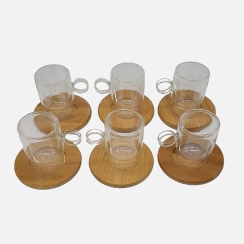 Transparent Round Cup Wood Saucer 6 pc Set