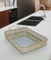 Rectangle Net Design Mirror Serving Tray 2pc Set