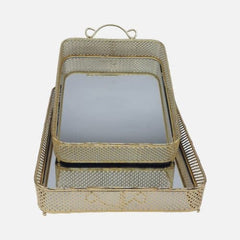 Rectangle Net Design Mirror Serving Tray 2pc Set