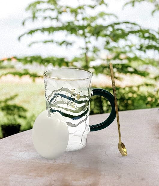 Printed Glass Cup with A Ceramic Lid And Stainless Steel Spoon