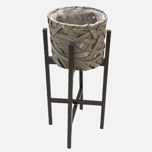 Grey Color Handwoven Flower Basket With Black Stand - homeelgance.ae