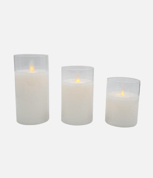 Pillar Candle Trio in Clear Glass with Warm White LED