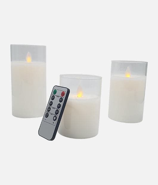 Pillar Candle Trio in Clear Glass with Warm White LED with remote control
