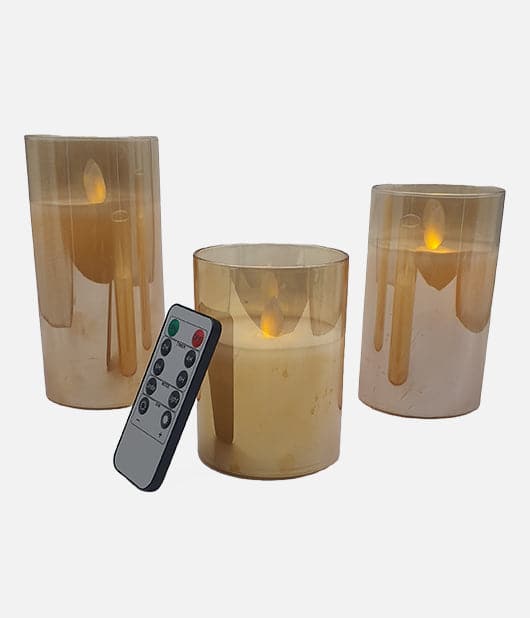 3 Gold Glass LED Candles: Remote & Battery Operated