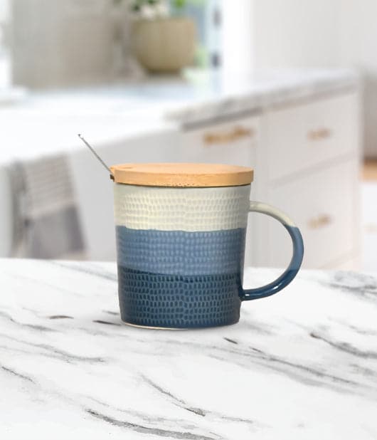 Ceramic Tea Cup With A Wooden Lid And Stainless Steel Spoon