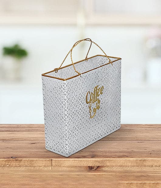 White Gift Bag Shape Basket With Golden Color Handle