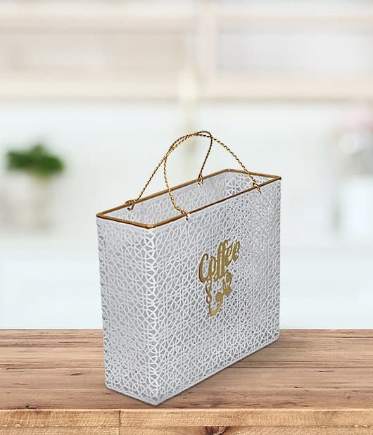 White Gift Bag Shape Basket With Golden Color Handle