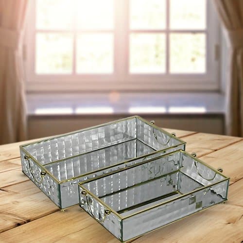 Set of 2 Textured Glass Trays with Metal Handles