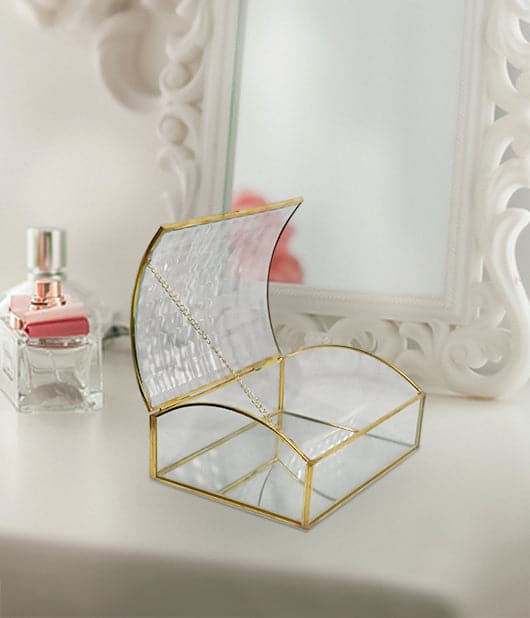 Patterned Glass And Metal Ornament Box With Mirror Inside