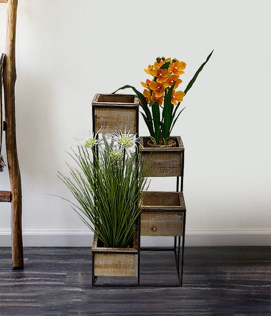 Wood Square Shape Planter Set With Black Iron Stand