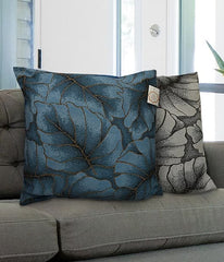 Blue/ Black Printed Leaf Cushion Cover