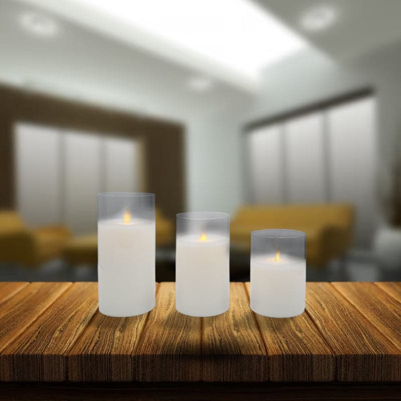 Pillar Candle Trio in Clear Glass with Warm White LED
