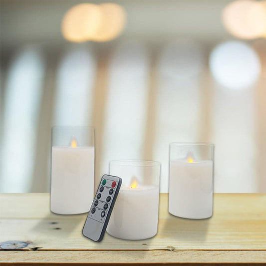 Pillar Candle Trio in Clear Glass with Warm White LED with remote control