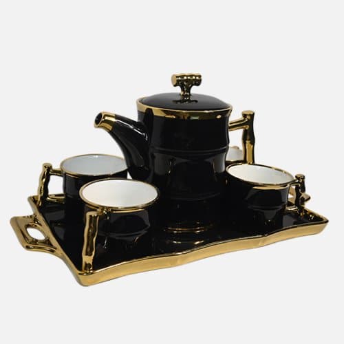 Black And Gold Tea Set With Tray (6-piece Set)