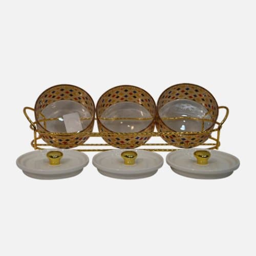 Colorful 3-Pc Glass Storage Set with Gold Stand