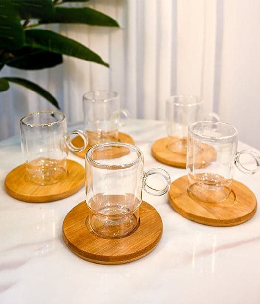 Transparent Round Cup Wood Saucer 6 pc Set