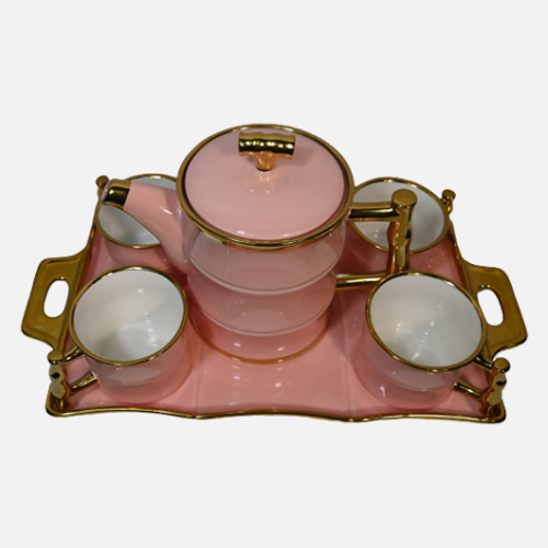 Powder Pink And Gold Tea Set With Tray (6-Piece Set)
