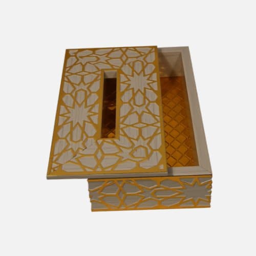 White Golden Decorative Laser Cutting Wooden Tissue Box